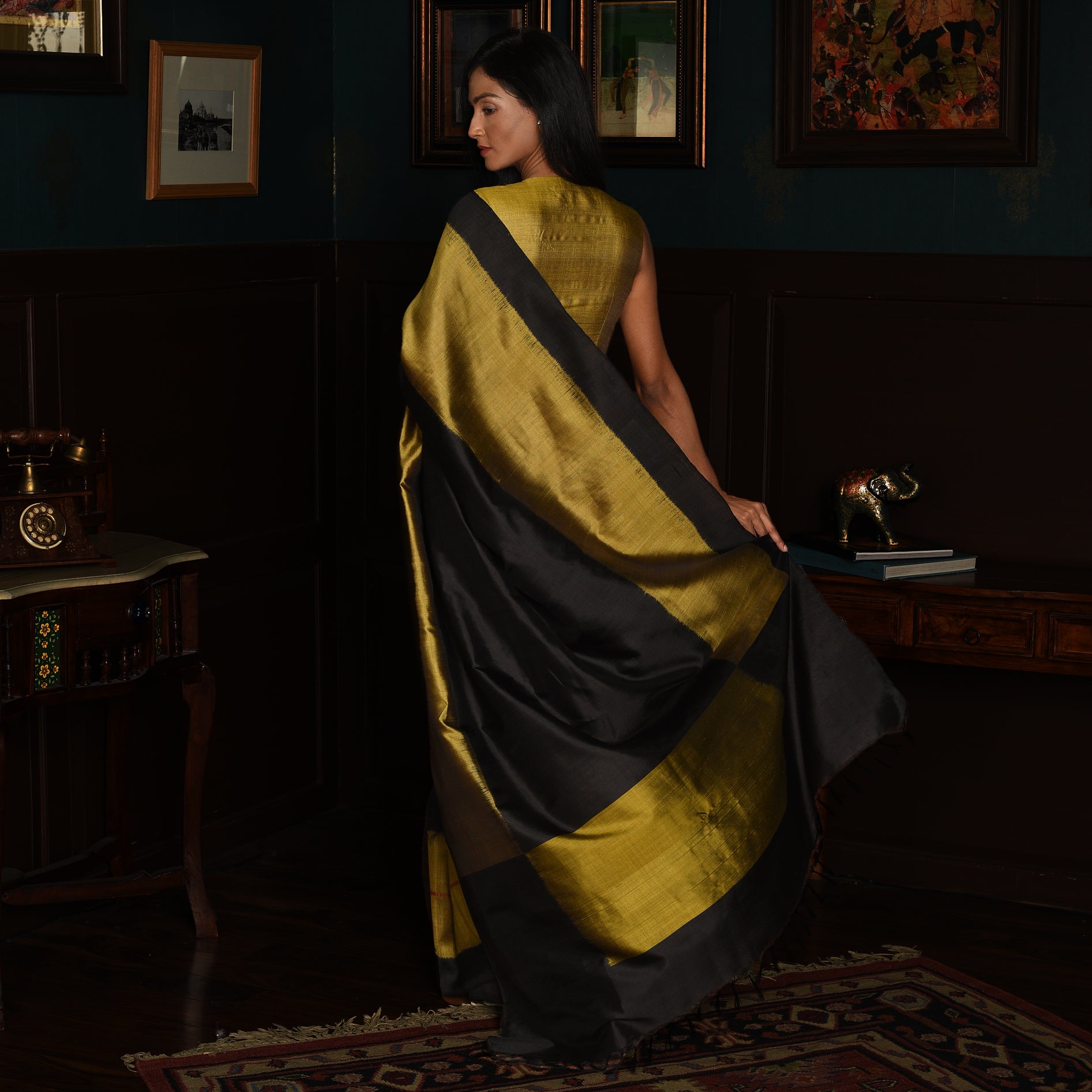 Rekha Ikat Silk Saree - Black and Copper