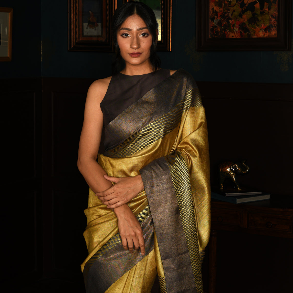 IKAT CHECK Handwoven Tussar Silk Saree - Copper gold and Grey