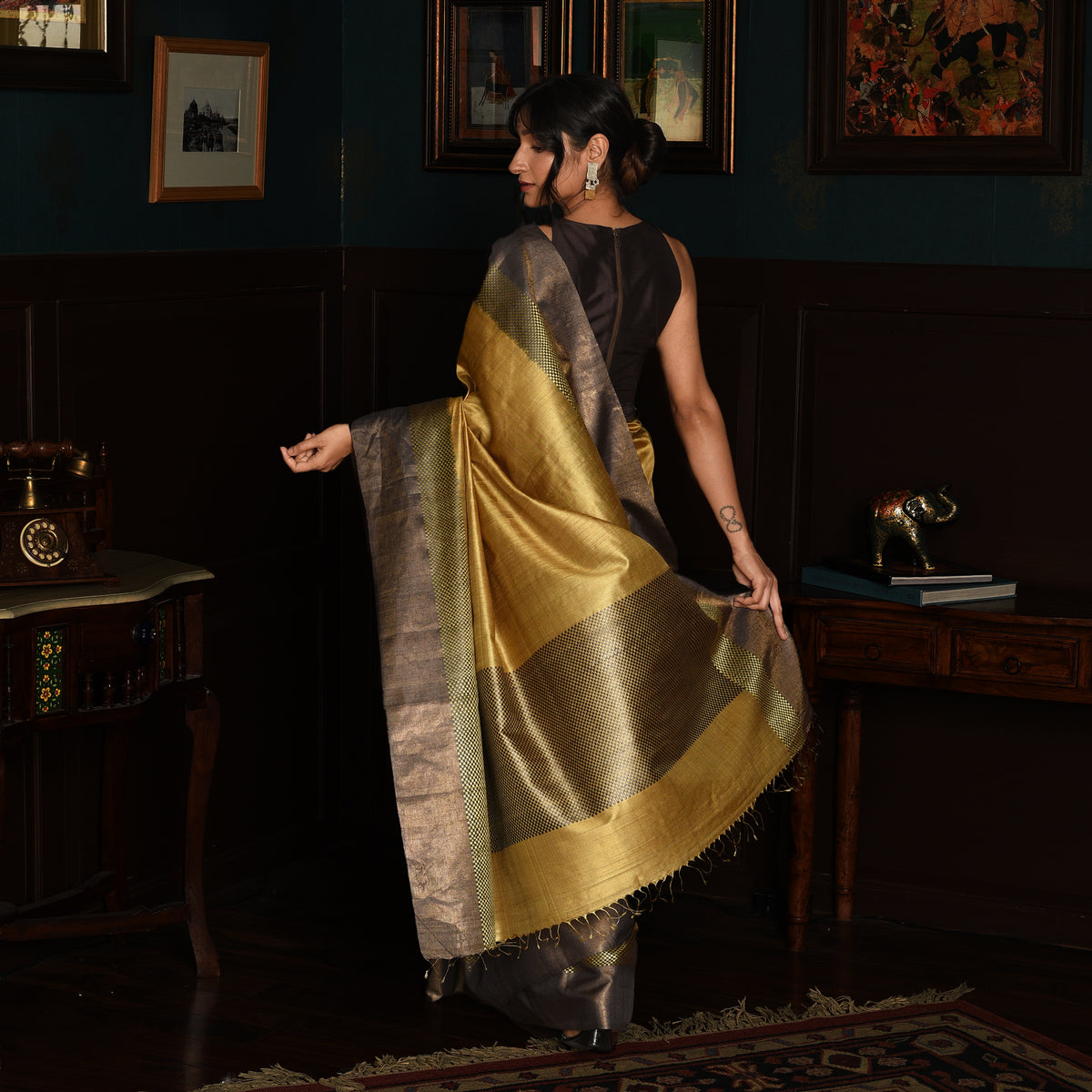 IKAT CHECK Handwoven Tussar Silk Saree - Copper gold and Grey