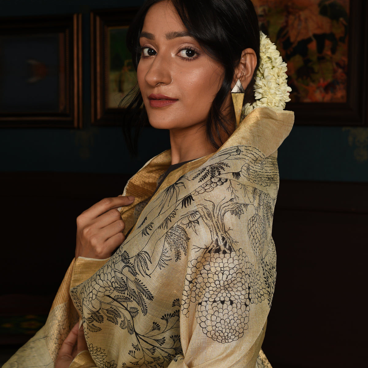 PATTACHITRA Handwoven Tussar Silk Saree - Natural Beige