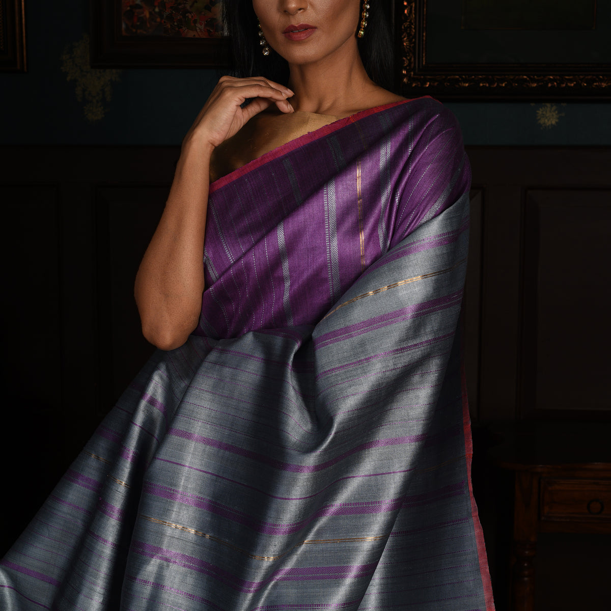 Khushboo Handwoven Tussar Silk Saree - Violet Silver