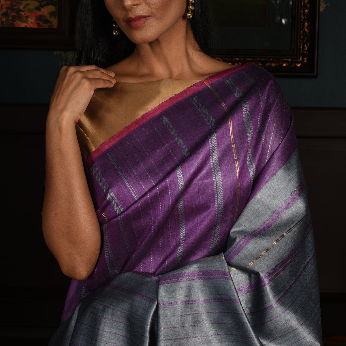 Khushboo Handwoven Tussar Silk Saree - Violet Silver