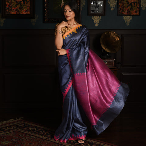 KUMBHA Handloom Tussar Silk Sari - Midnight Blue