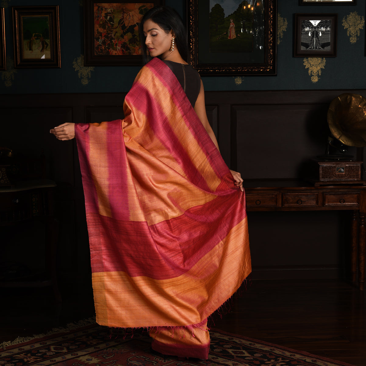 Ikat Tussar Bijli Handwoven Silk Saree - Salmon Orange and Pink