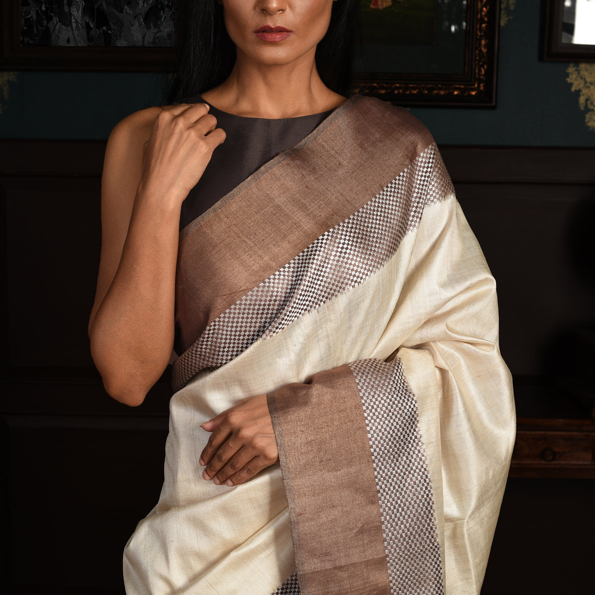 IKAT CHECK Handwoven Tussar Silk Saree - White and Copper