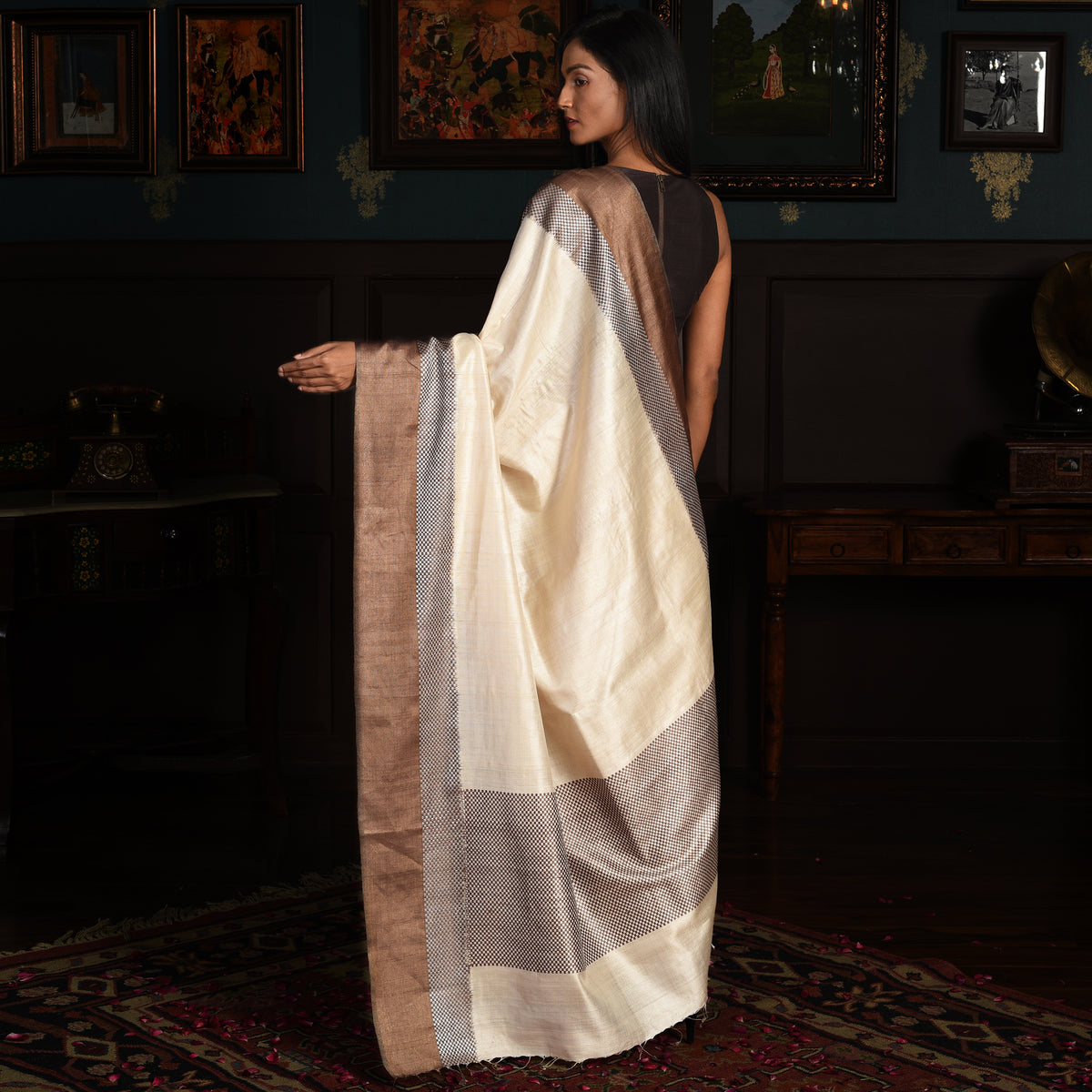 IKAT CHECK Handwoven Tussar Silk Saree - White and Copper