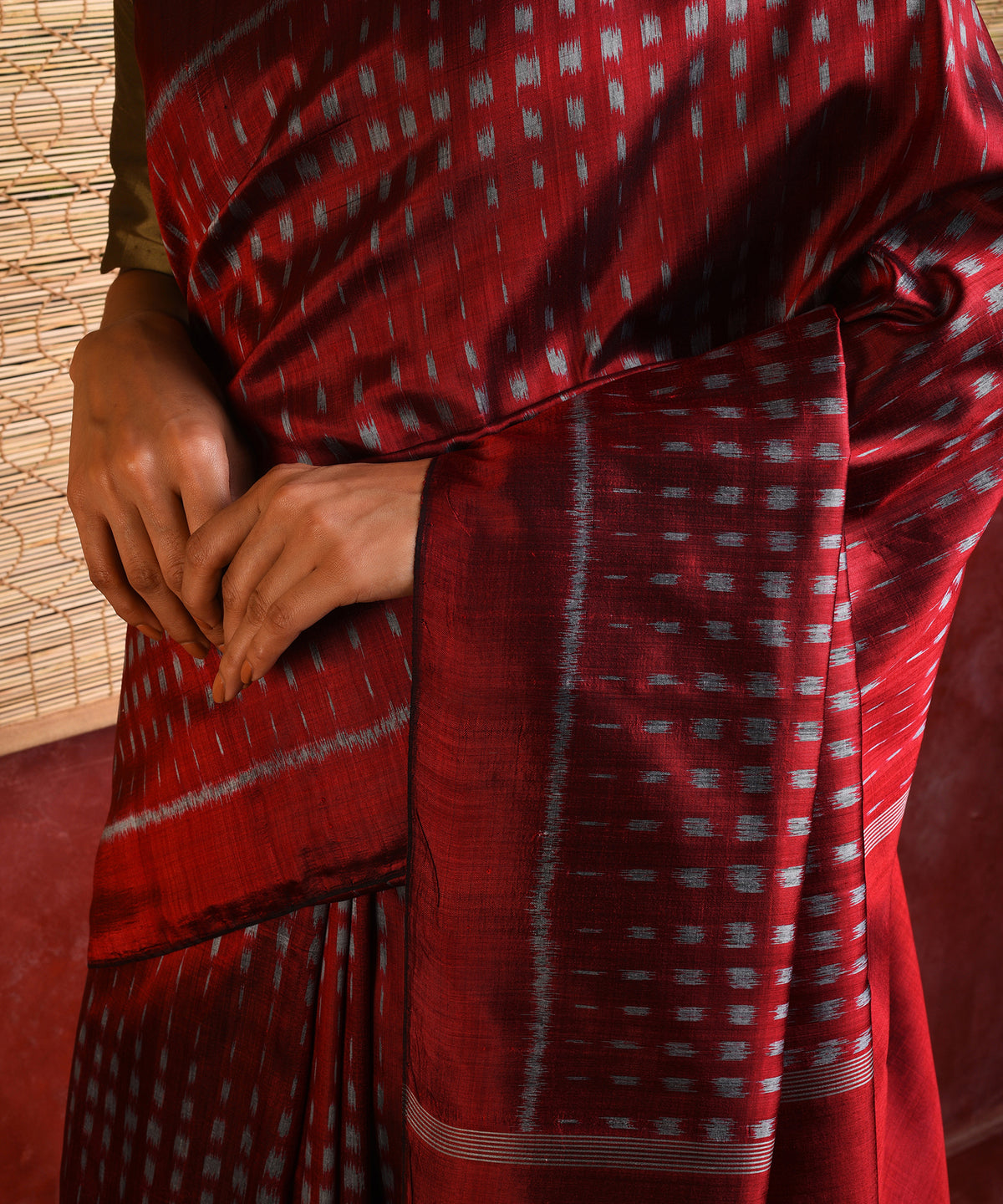 BAARISH Handwoven Ikat Silk Saree - Deep Red