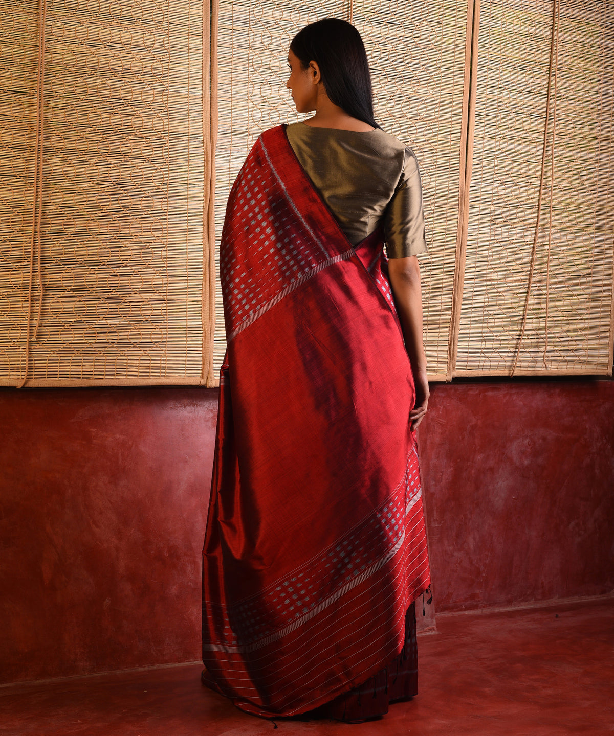 BAARISH Handwoven Ikat Silk Saree - Deep Red