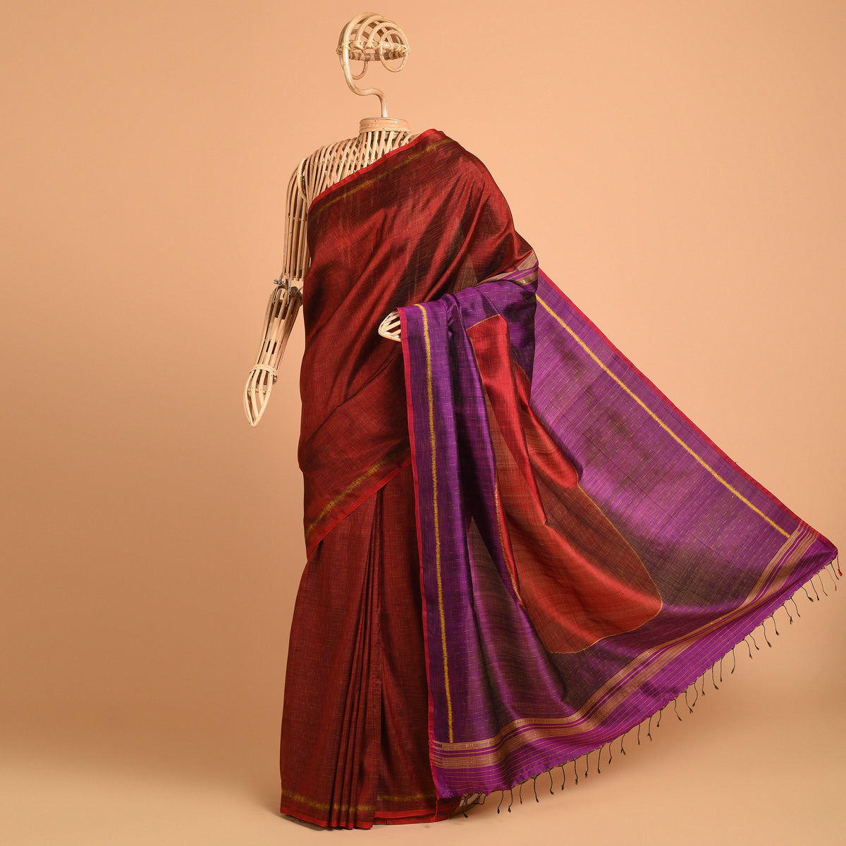 SHUNYA Ikat Silk Handwoven Sari -  Maroon Red