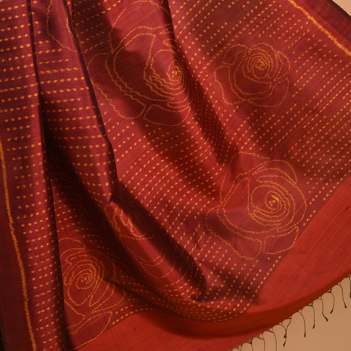 GULAAB Ikat Long Pallu Handwoven Silk Sari -  Rust Red