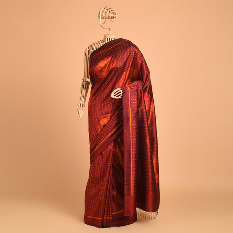 GULAAB Ikat Long Pallu Handwoven Silk Sari -  Burnt Red