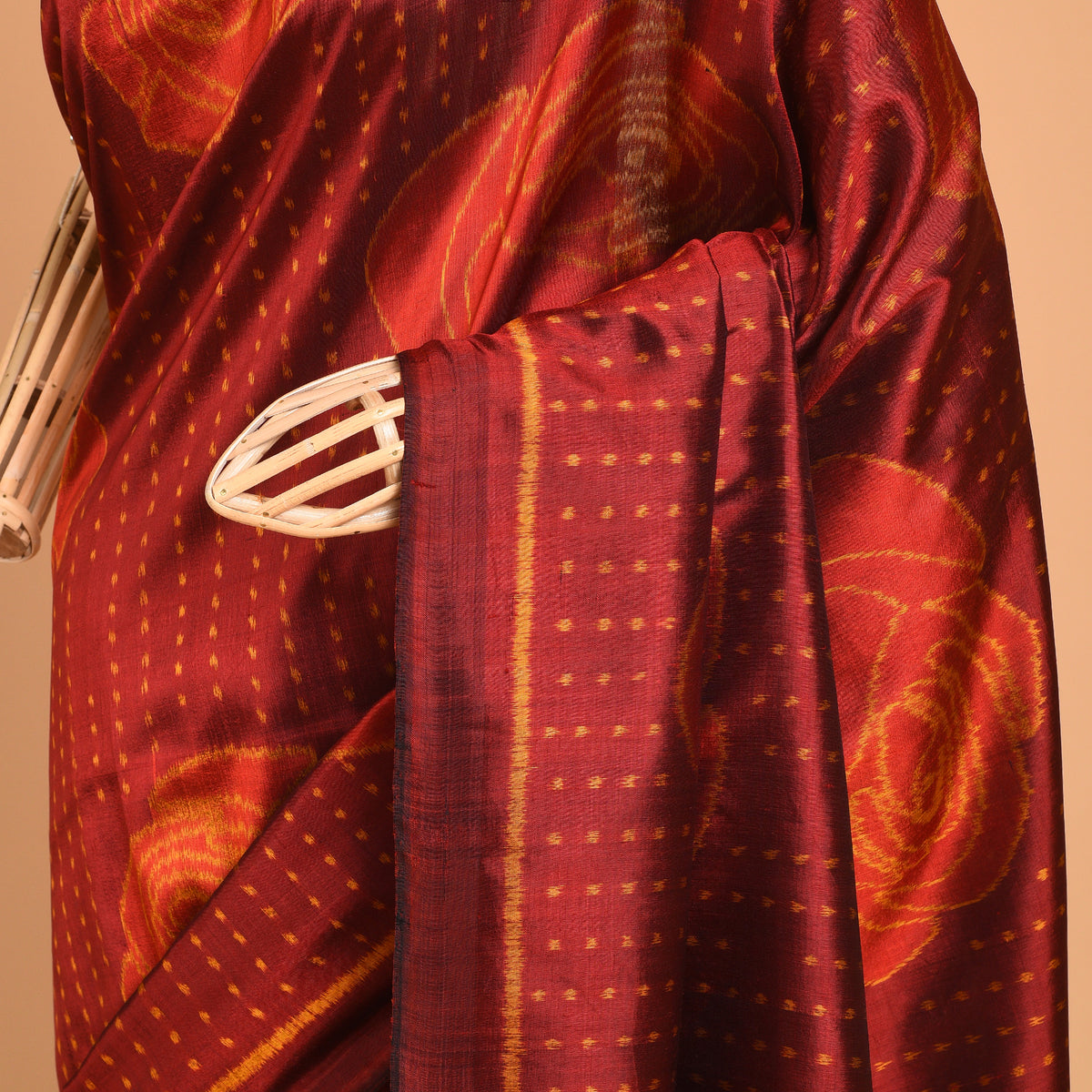 GULAAB Ikat Long Pallu Handwoven Silk Sari -  Burnt Red
