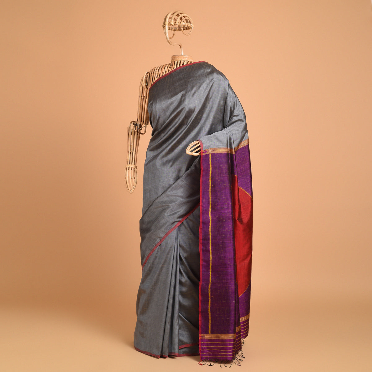 SHUNYA Ikat Silk Handwoven Sari -  Silver