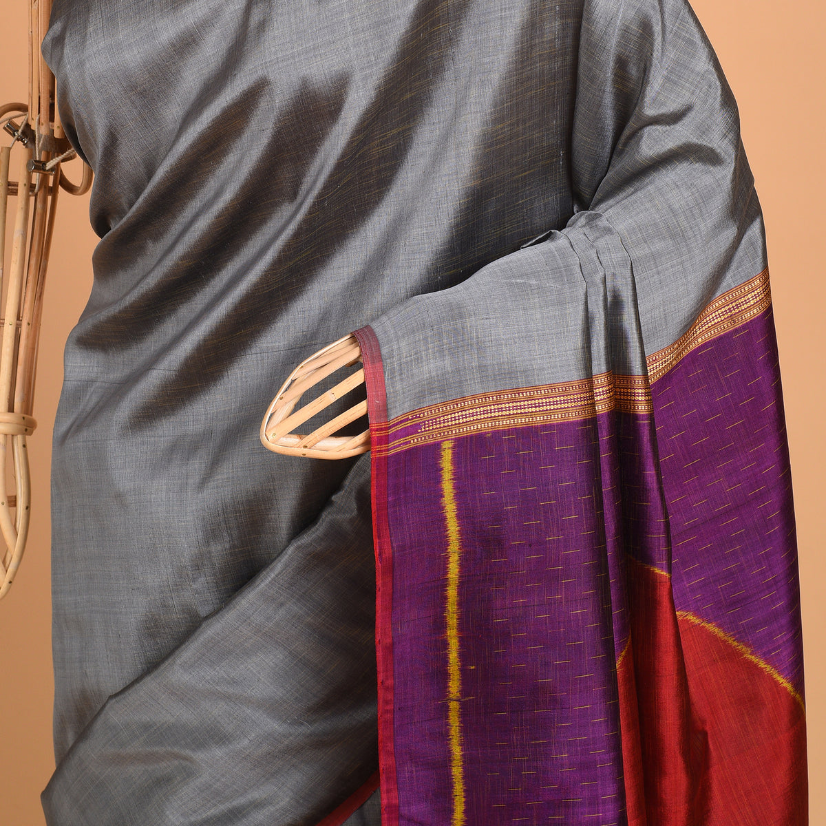 SHUNYA Ikat Silk Handwoven Sari -  Silver