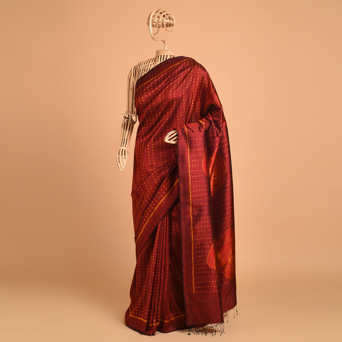 Gulaab Ikat Handwoven Silk Sari -  Burnt Red