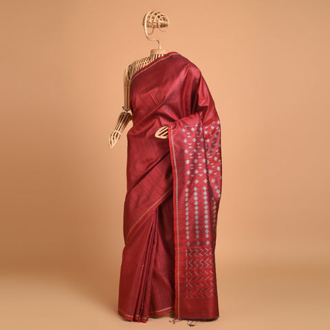 IKAT Tussar Trikon Handwoven Silk Sari - Cherry Red