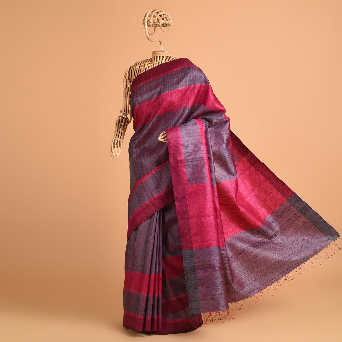 IKAT Tussar Bijli Handwoven Silk Saree - Purple Magenta