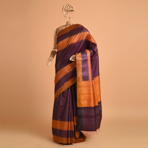 IKAT Tussar Bijli Handwoven Silk Saree -  Purple Rust