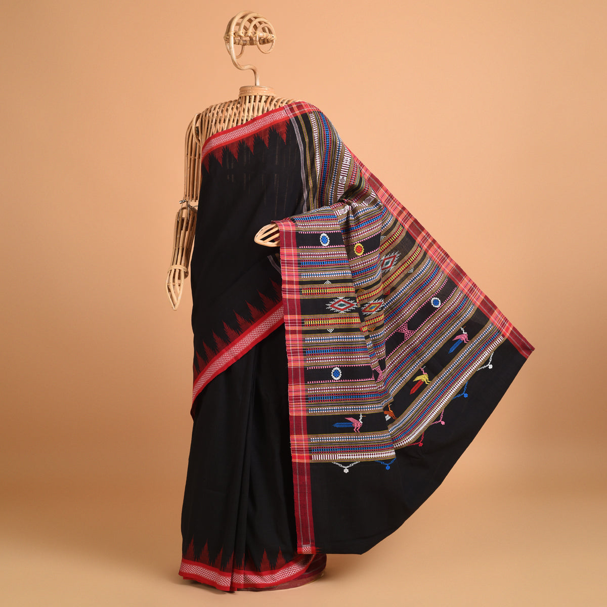 BOMKAI Cotton Handwoven Saree - Black