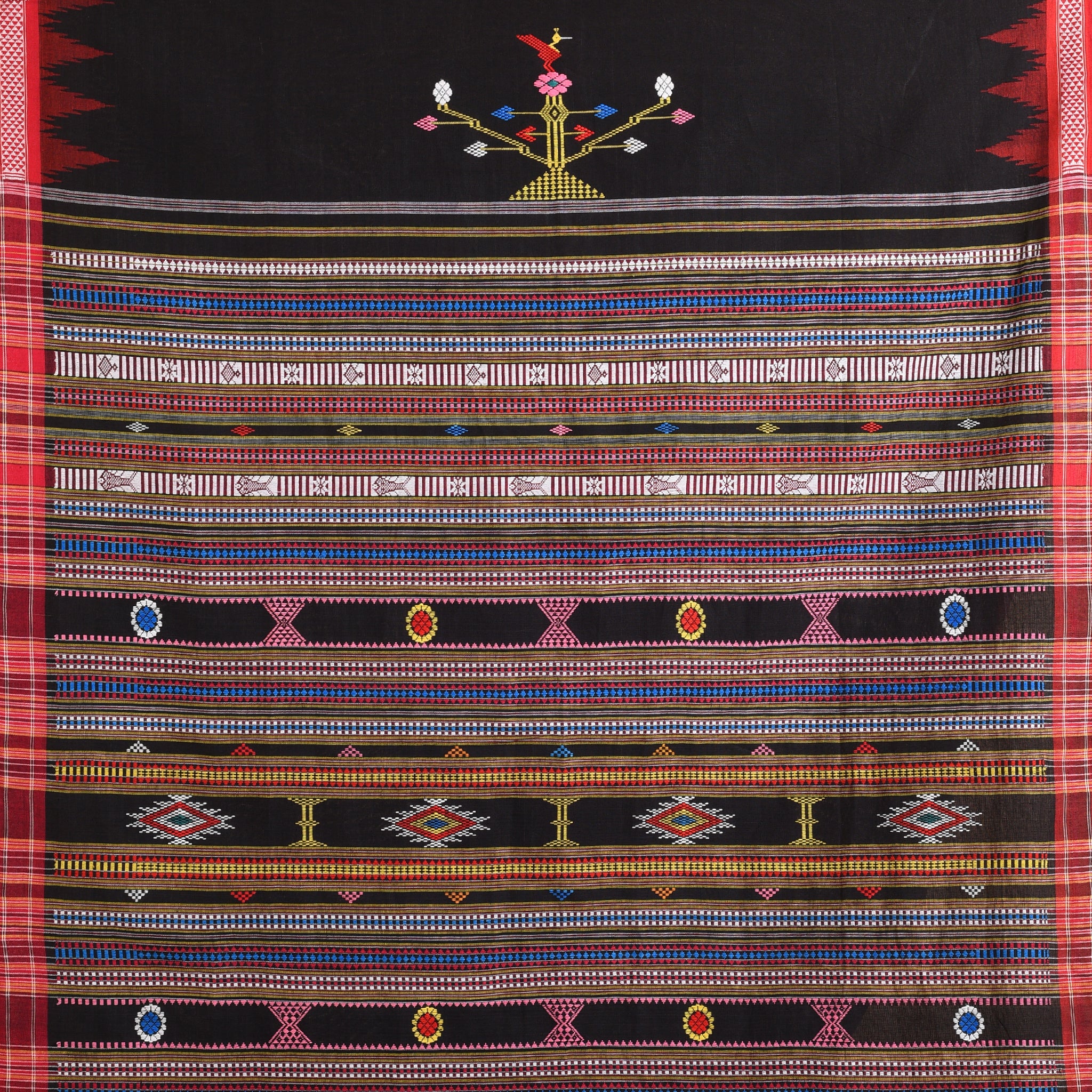 BOMKAI Cotton Handwoven Saree - Black