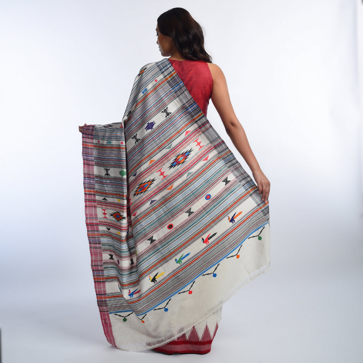 BOMKAI Cotton Handwoven Saree - White