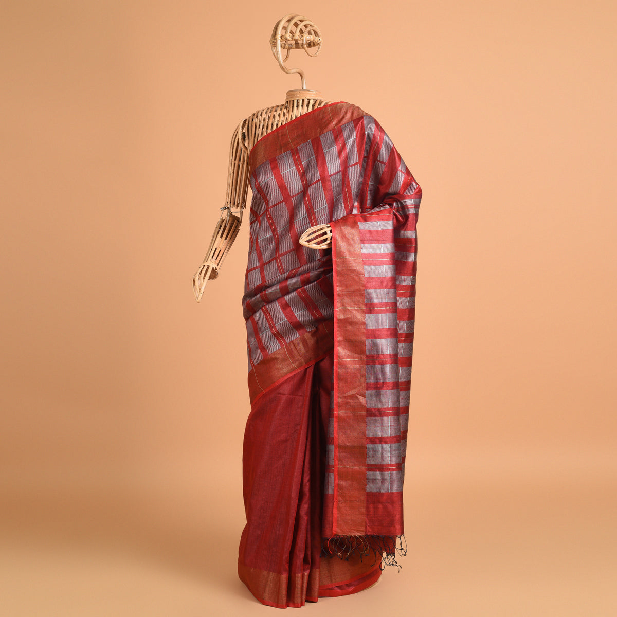 KADAM Handwoven Tussar Silk Sari - Chilli Red