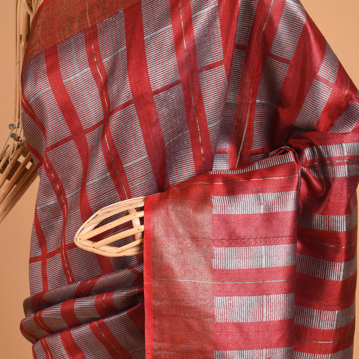 KADAM Handwoven Tussar Silk Sari - Chilli Red