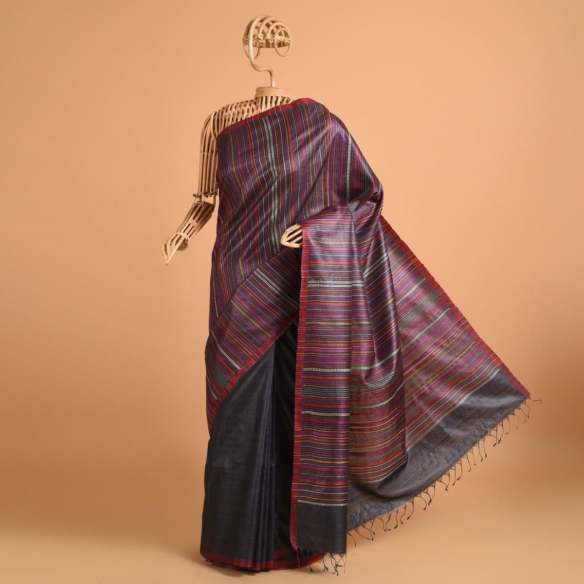 BEEJ Long Pallu Handwoven Tussar Silk Saree - Charcoal Grey