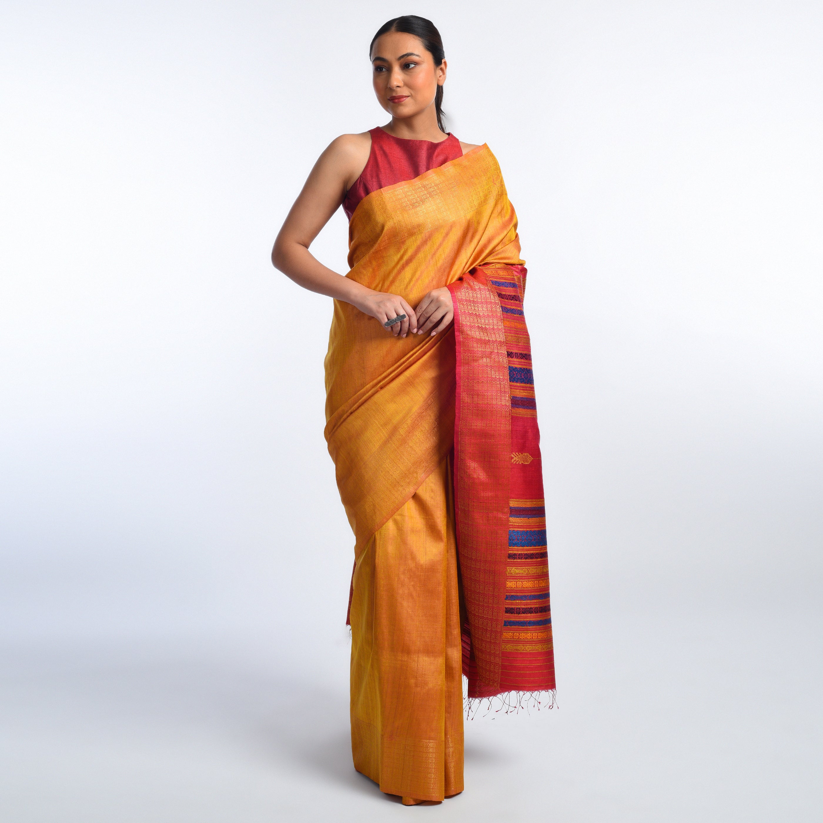 NAVAGUNJARA Handwoven Tussar Silk Sari -  Sun Yellow