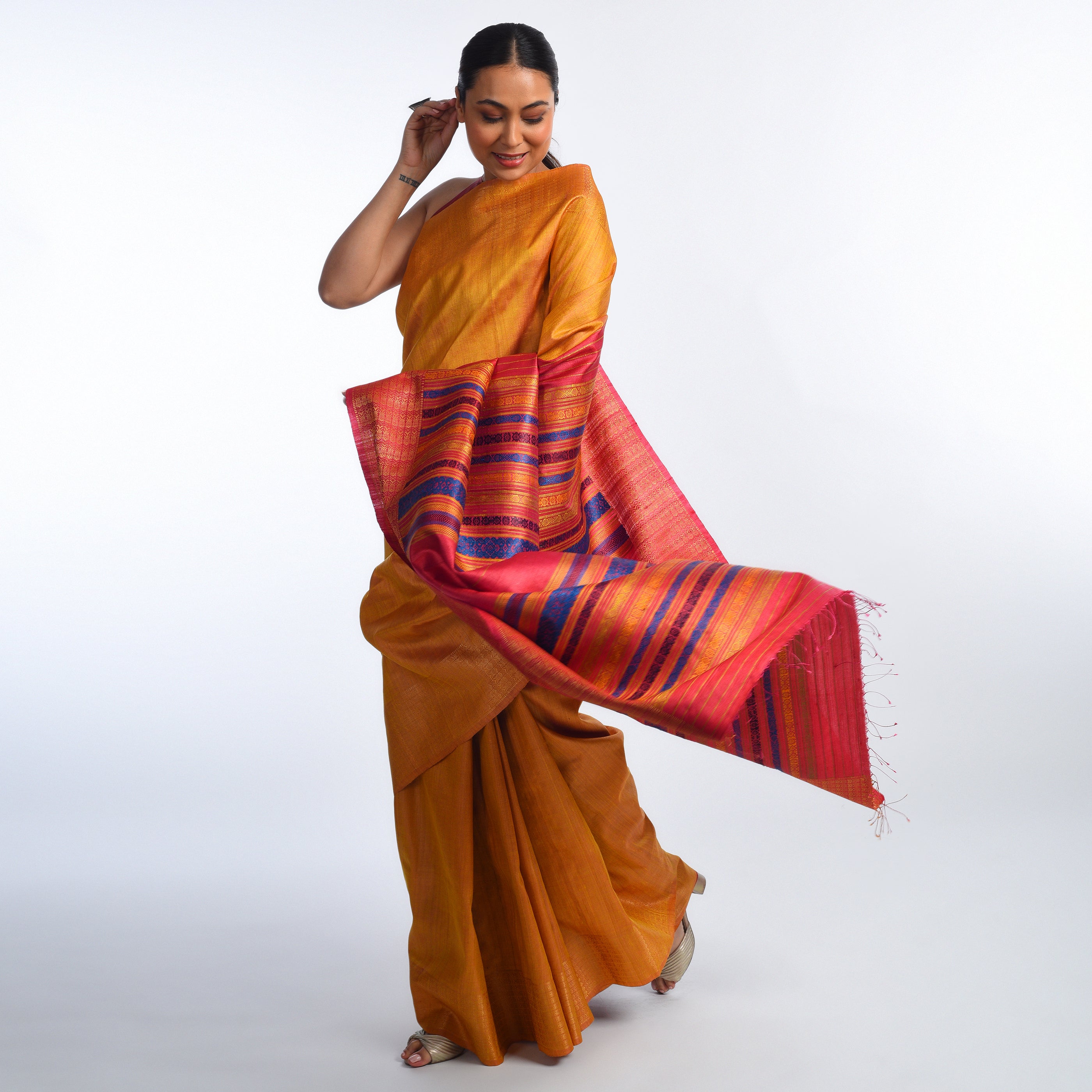NAVAGUNJARA Handwoven Tussar Silk Sari -  Sun Yellow