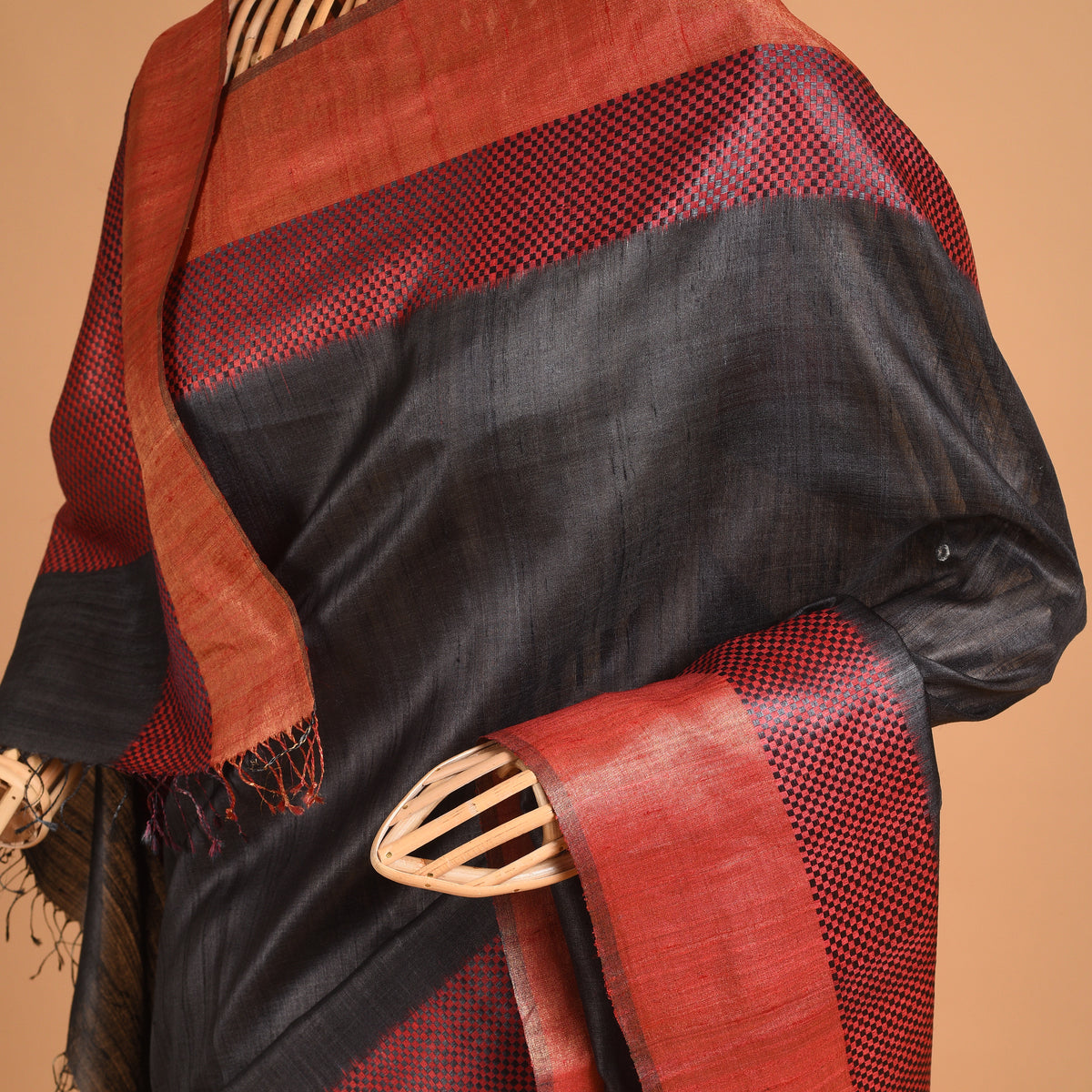 IKAT CHECK Handwoven Tussar Silk Saree - Grey Black & Red