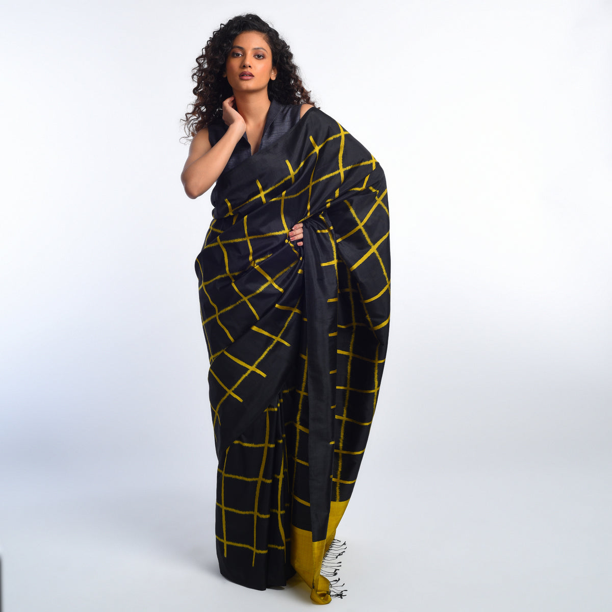 Apsara Handwoven Ikat Silk Saree - Black Gold