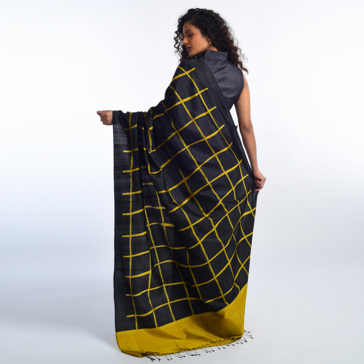 Apsara Handwoven Ikat Silk Saree - Black Gold