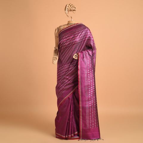 IKAT Tussar Sitara Long Pallu Handwoven Silk Saree - Deep Magenta