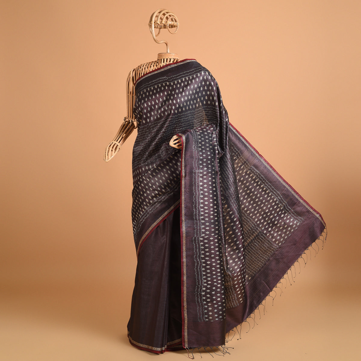 SITARA Ikat Tussar Long Pallu Handwoven Silk Saree - Dark Grape Purple