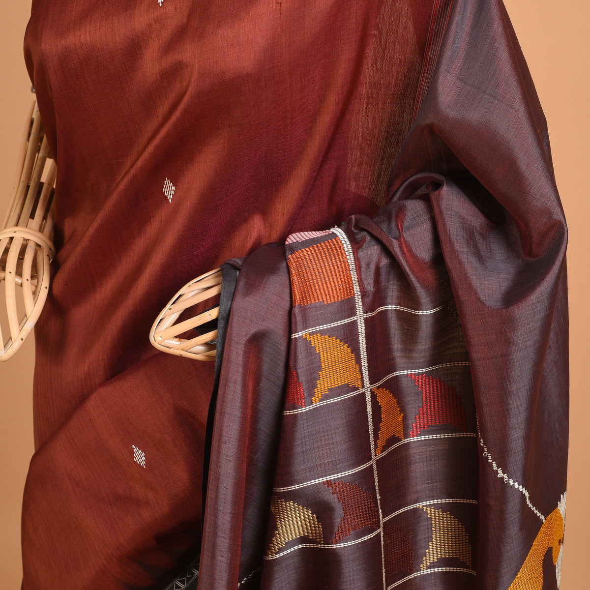 Masterpiece Bali Jatra Handwoven Silk Saree - Brick Brown