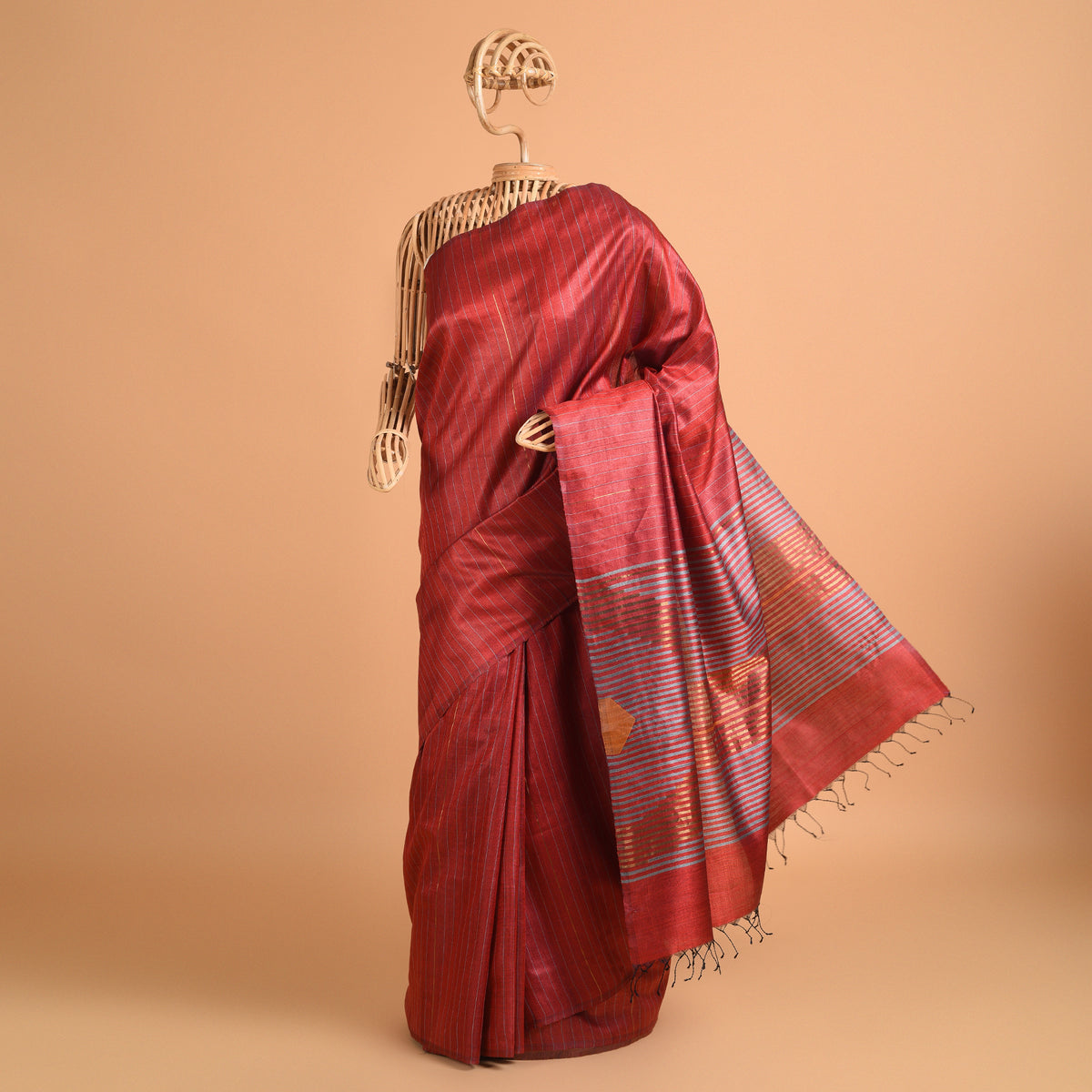 Bindu Handwoven Tussar Silk Saree - Burnt Red