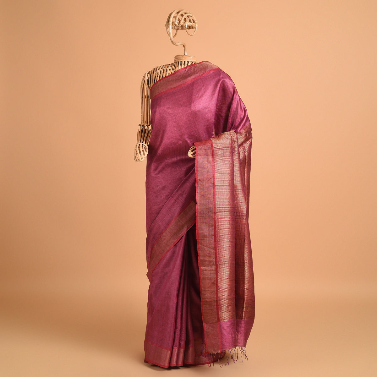 Kanchan Zari Handwoven Tussar Silk Sari - Rose pink