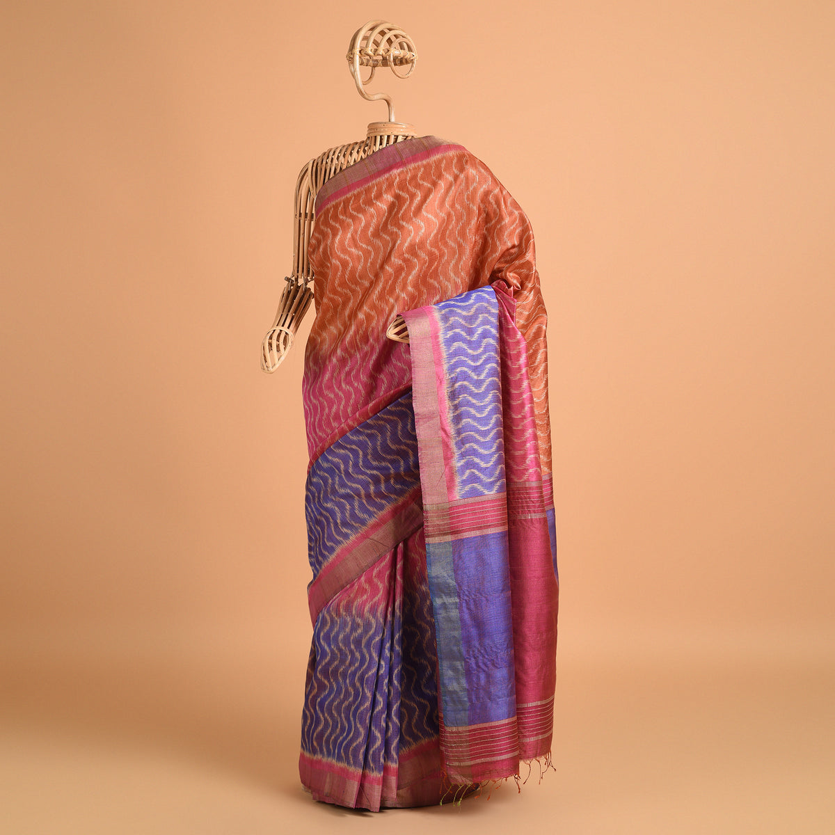 IKAT Tussar Tarang Handwoven Silk Saree - Rust Pink Mauve