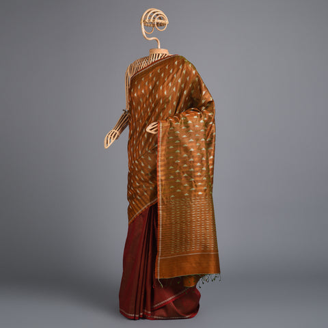 IKAT Tussar Trikon Long Pallu Handwoven Silk Saree - Copper Red
