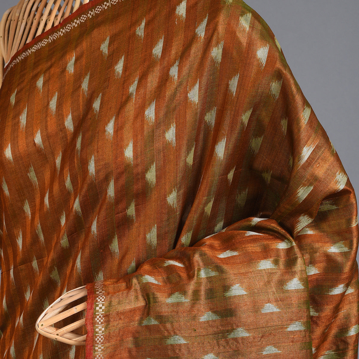 IKAT Tussar Trikon Long Pallu Handwoven Silk Saree - Copper Red
