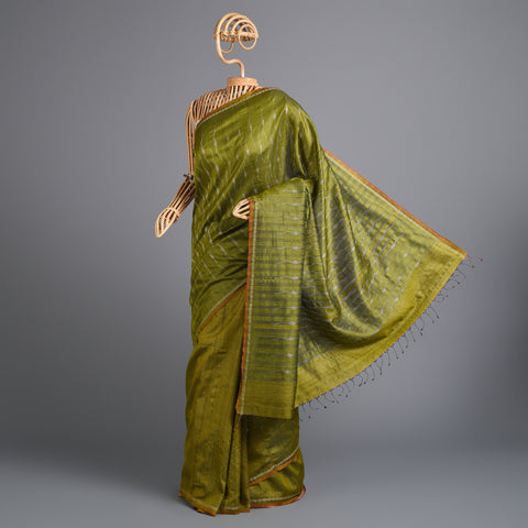 IKAT Tussar Badal Long Pallu Handwoven Silk Saree - Leaf Green