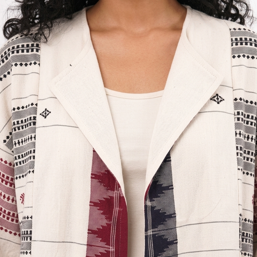 Handwoven Kotpad Medium Jacket - Ivory red black