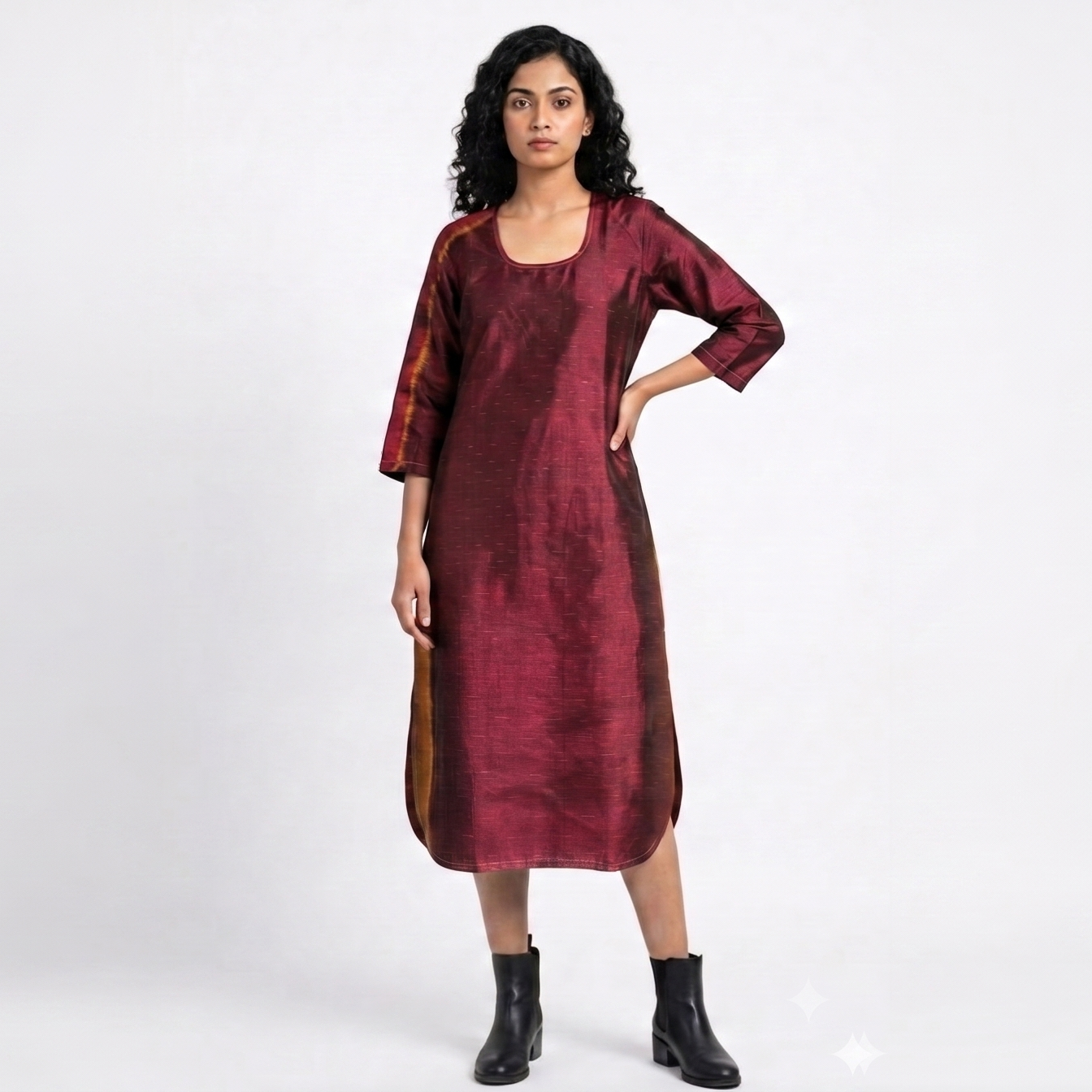 Handwoven Ikat Silk Kurta Dress- Maroon