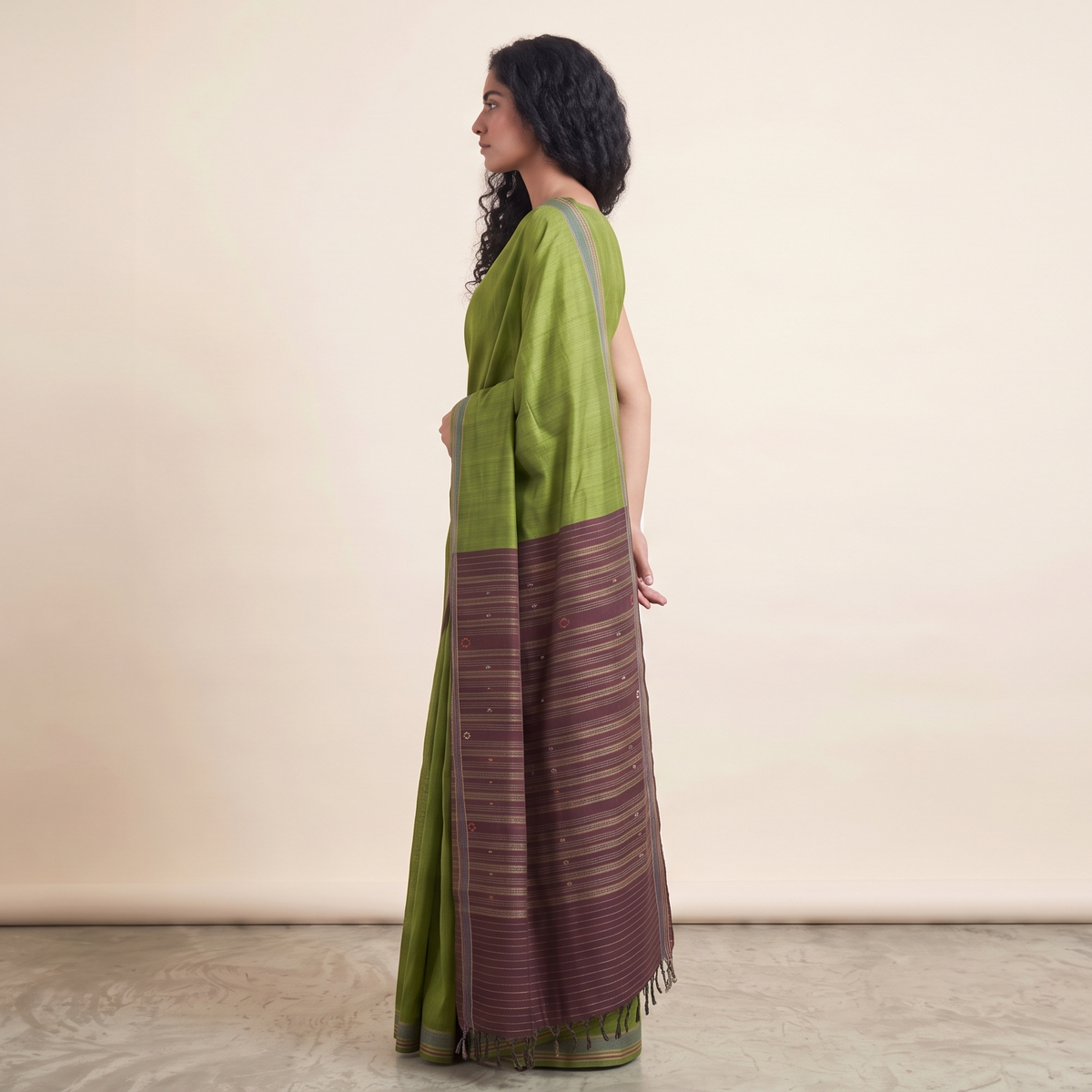 Bomkai Handwoven Tussar Silk Saree - Leaf Green