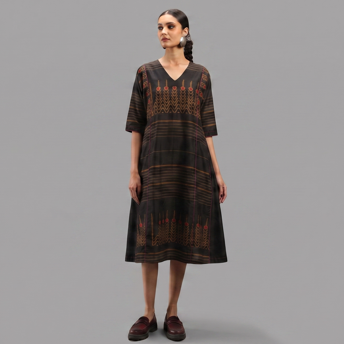 Handwoven Ikat Silk Anarkali Dress- Black