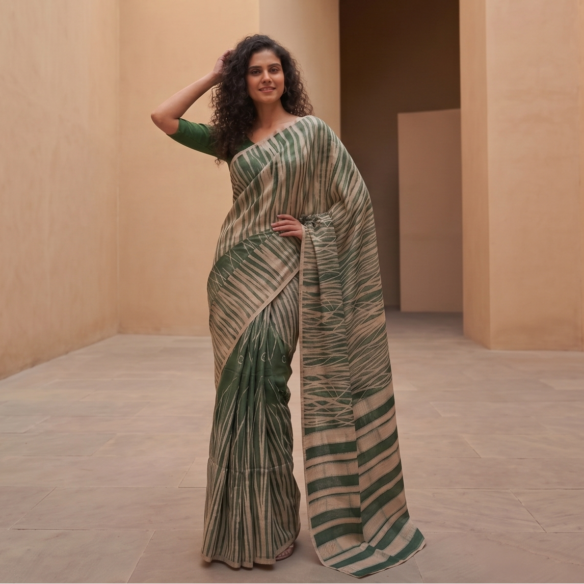 Dabu Doop  Tussar Silk Sari -Green