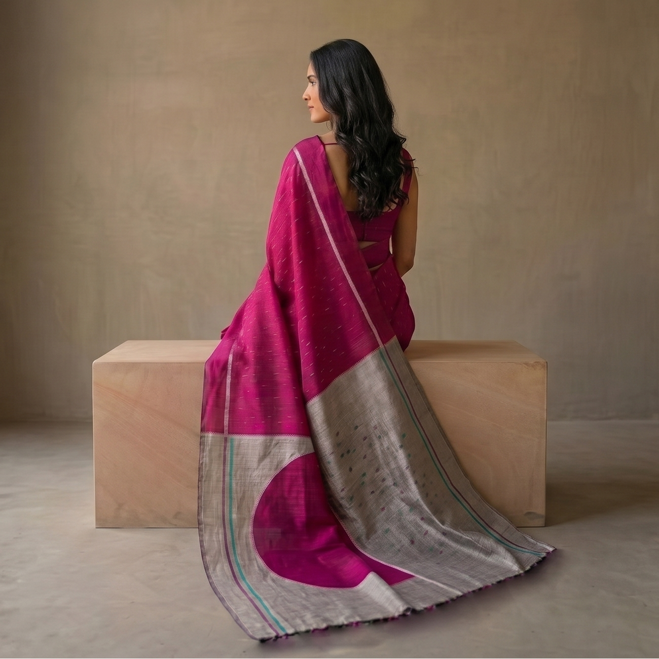 CHAAND Handwoven Ikat Silk Saree - Pink Grey