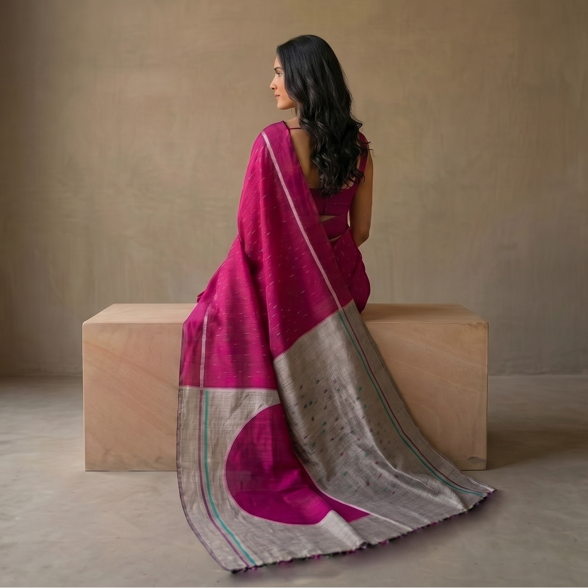 CHAAND Handwoven Ikat Silk Saree - Pink Grey