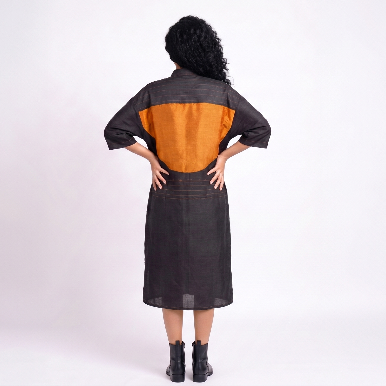 Handwoven Ikat Silk Shirt Dress- Black